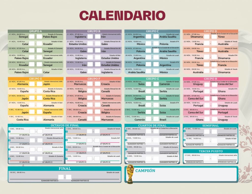 Calendario de juegos del Mundial de Qatar 2022