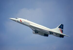 Farnborough, United Kingdom – September 10, 1986: Concorde making a pass at an airshow