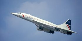 Farnborough, United Kingdom – September 10, 1986: Concorde making a pass at an airshow